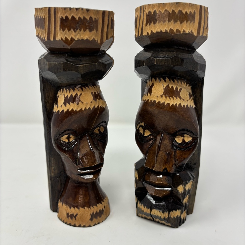 Vintage Jamaican handcrafted carved solid wood tiki statues totem pair 6” Tall